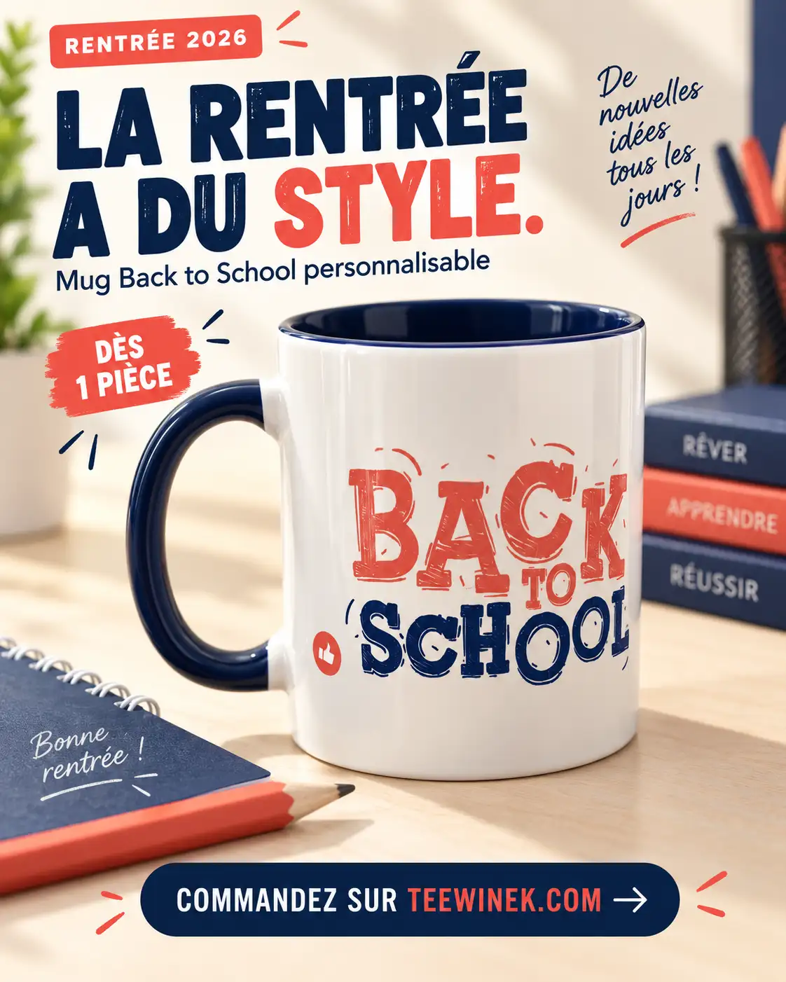 Mug blanc Back to School avec impression personnalisée en Tunisie - Teewinek